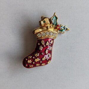 SFJ Christmas Stocking Enamel Gold Tone Brooch Bear Holly Red Green